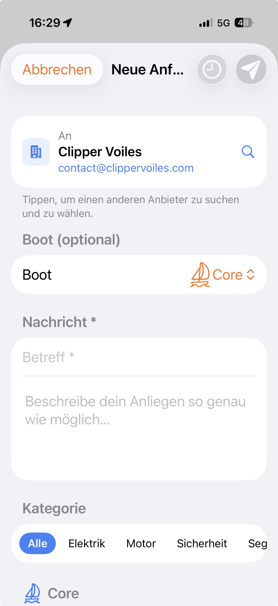 Service-Anfrage mit automatischem Equipment-Briefing